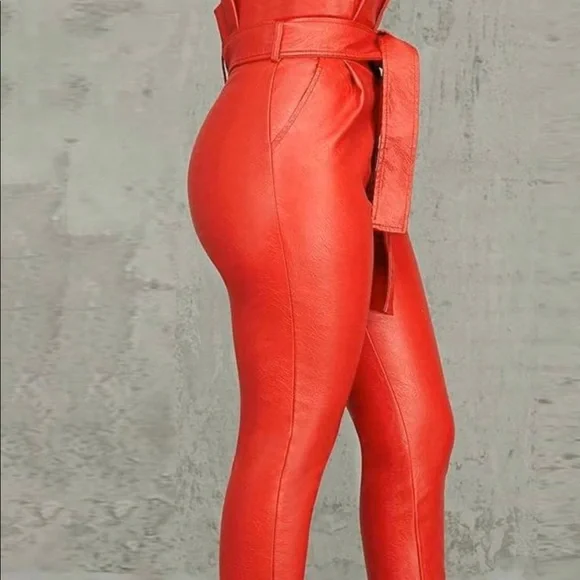 Paperbag High Waist Belted PU Pants Size Large - Picture 3 of 4